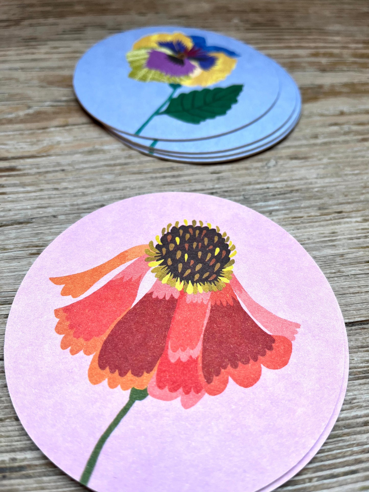 Drinks Coasters- reversible designs- Pansy & Helenium