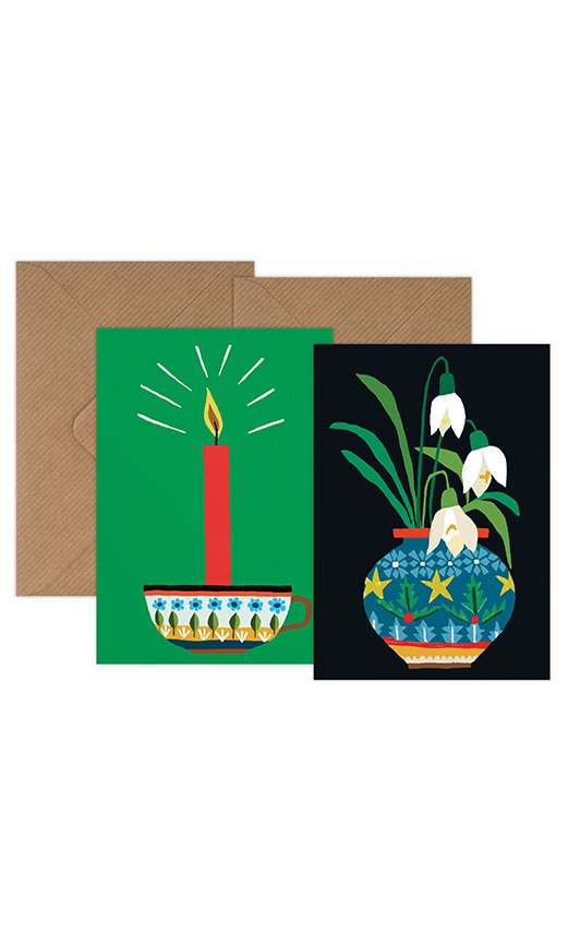 Christmas Mini Card Pack - Festive Candle & Snowdrops.