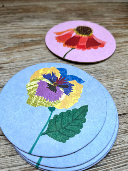 Drinks Coasters- reversible designs- Pansy & Helenium